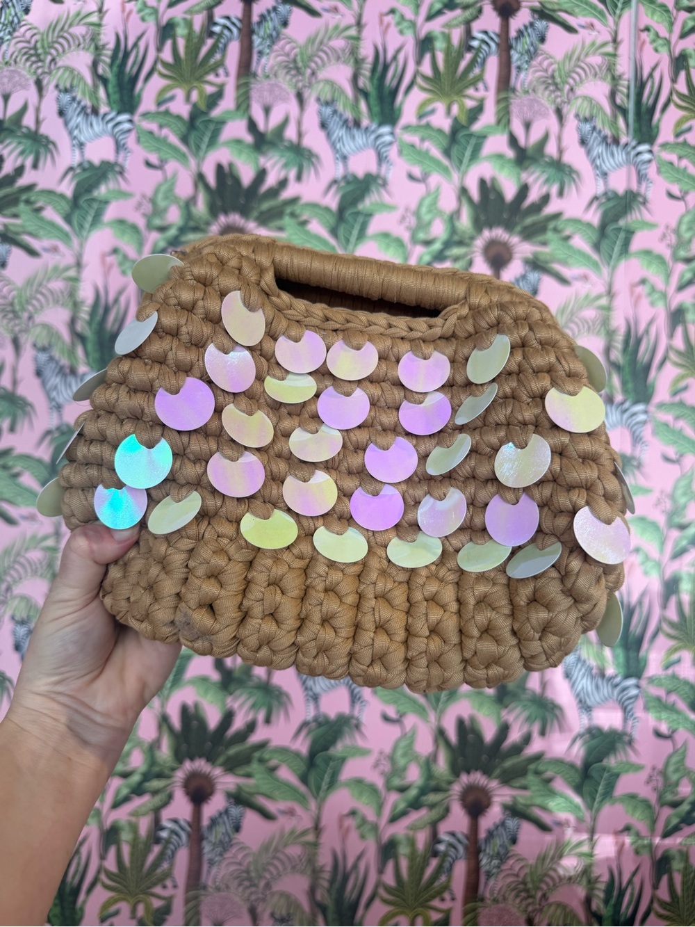 Iridescent Sequin Tan Crochet Clutch
